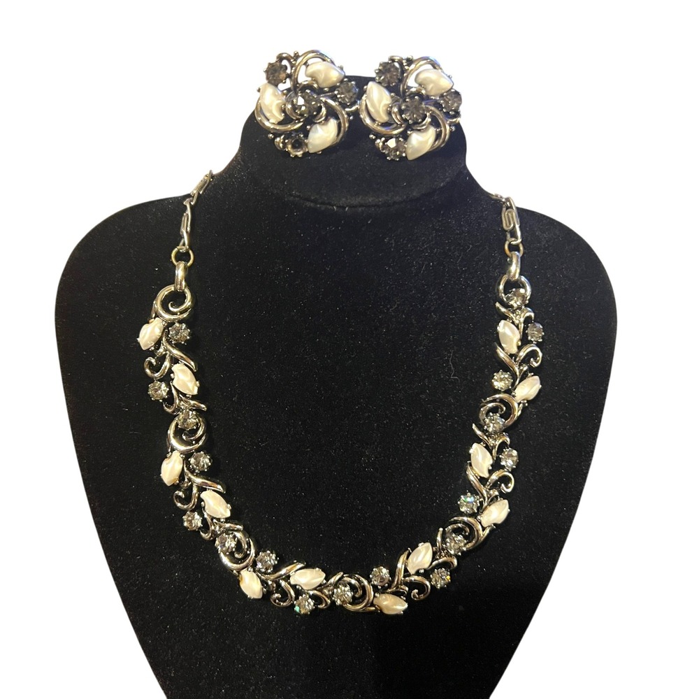 Vintage Lisner Faux Pearl Rhinestone Floral Necklace Earrings Signed Set